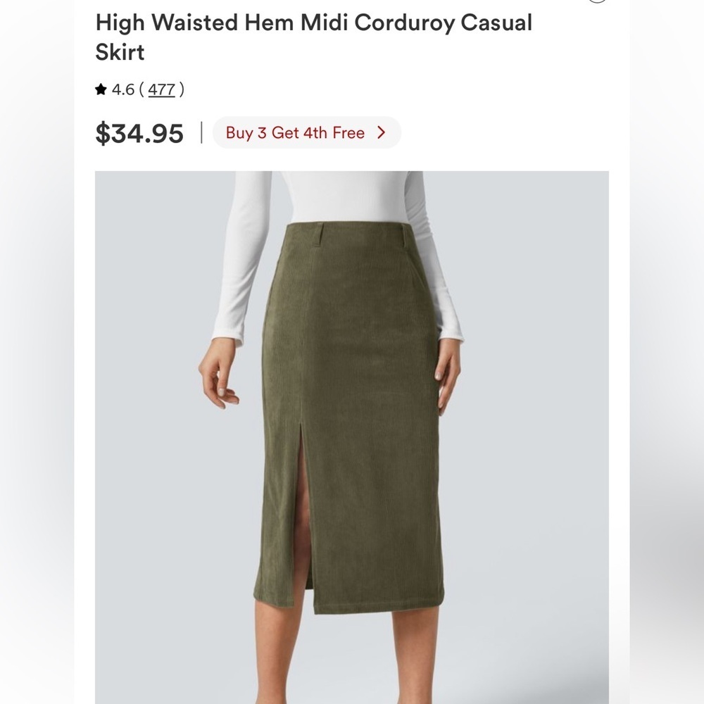 HALARA Skirt High Waisted Midi Corduroy Casual Olive Green MSRP $34.95